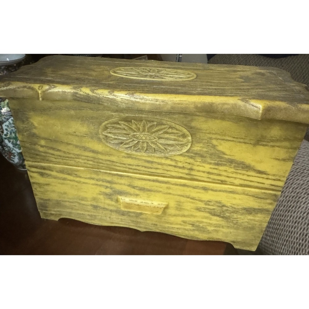 Vintage 1970s Harvest Gold Faux Wood Recipe Box Sunflower Plastic Storage Chest